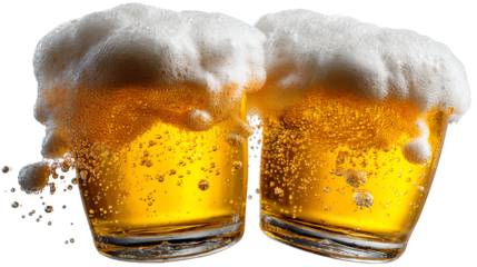 Cheers to the Moment: Two chilled beer glasses clink together, overflowing with frothy foam and effervescent bubbles, embodying the essence of social celebration and refreshment.