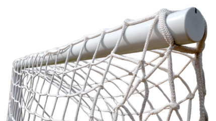 Soccer Goal Net Closeup: An up-close view of a soccer goal net, showing the intricate woven structure of the net and the goal frame, suggesting competition, sportsmanship, and the spirit of the game.