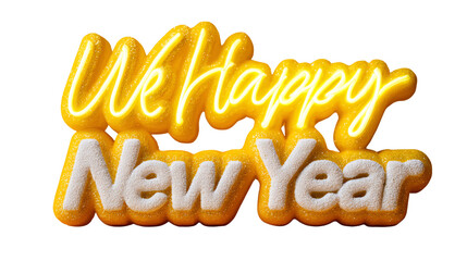 Happy New Year Greetings: A vibrant celebratory message with the words We Happy New Year, rendered in bold, golden typography, exudes warmth and festivity.