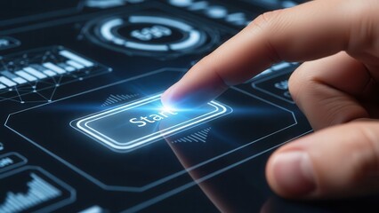 Hand pressing 'Start' Finger about to press a glowing 'Start' or 'Power' button on a futuristic interface. Launching new technology, digital transformation, and innovation