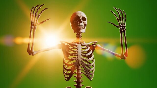 A skeleton stands with arms raised, silhouetted by a bright light, creating an intriguing visual effect. The vibrant green background emphasizes the unique pose of the skeleton.