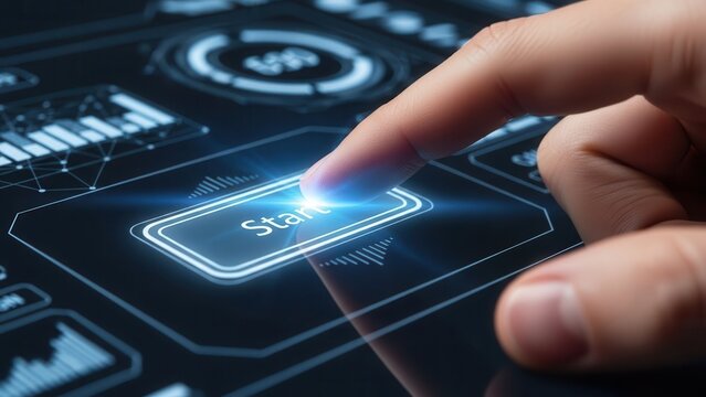 Hand pressing 'Start' Finger about to press a glowing 'Start' or 'Power' button on a futuristic interface. Launching new technology, digital transformation, and innovation - Powered by Adobe