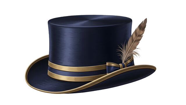 Top hat with gold band and feather isolated on transparent background