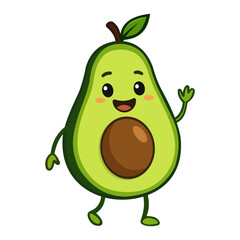 Cute avocado cartoon character smiling and waving, isolated on white background
