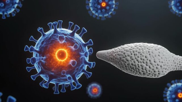 Microscopic view of a natural killer cell engulfing a virus particle.