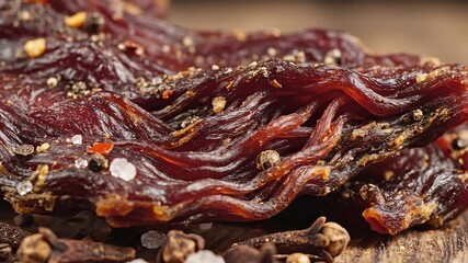 Closeup view of gourmet dried beef jerky or biltong richly seasoned with a blend of whole peppercorns coriander seeds and coarse sea salt showcasing its savory texture and artisanal preparation perfe.