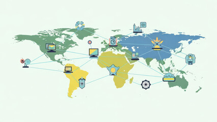 Global technology connections map with icons and lines