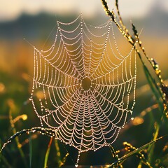 Morning Dew on Meadow Grass Dew covered spiderweb glistening in the morning light in a meadow
