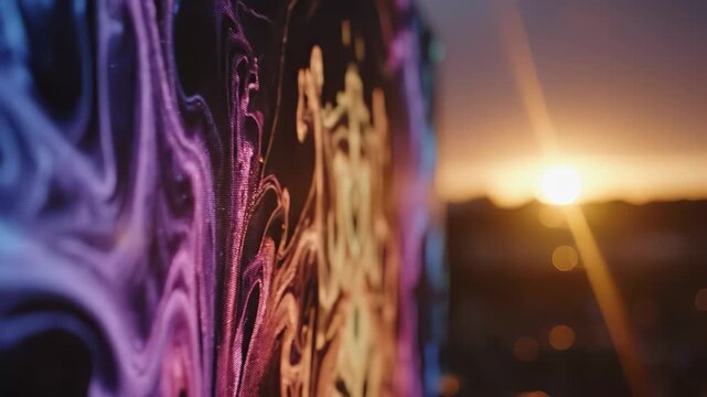 A colorful abstract pattern fills the foreground as the sun sets in the background, casting vibrant hues across the scene. The abstract pattern and sunset create a stunning visual experience.