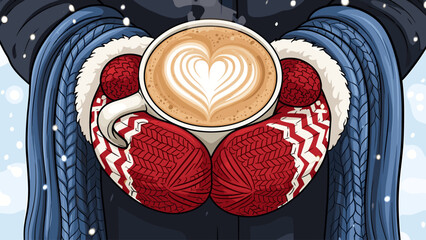 Warm Winter Coffee with Heart Latte Art. Hands in Red Mittens in Snowy Weather. Cozy Drink Illustration.