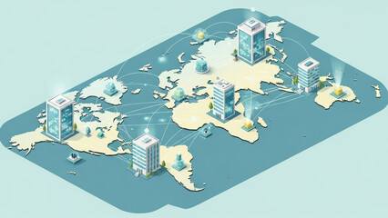 Global business network connections on world map with modern offices