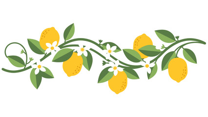 Fresh Lemon Branch Garland Illustration with Yellow Fruits, Green Leaves, and White Blossoms