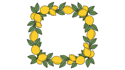 Hand-drawn lemon and green leaf square frame illustration. Fresh citrus border design element with copy space on white background.