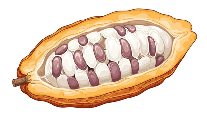 Fresh cocoa pod cross-section with raw cacao beans and white pulp inside, detailed botanical illustration on white.