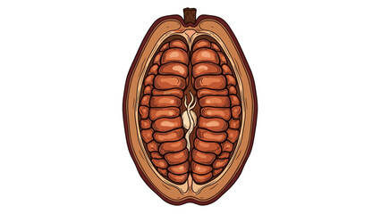 Detailed cross-section illustration of a cacao fruit pod revealing raw cocoa beans inside. Botanical drawing for chocolate production.