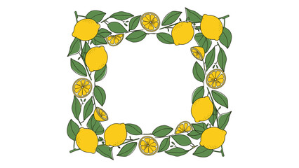 Fresh Lemon and Green Leaf Botanical Square Frame Illustration