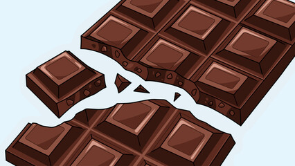 Broken dark chocolate bar illustration with a snapped-off piece, sweet dessert graphic on a light background