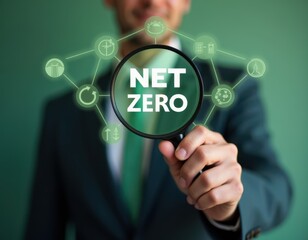 Businessman holding magnifying glass focusing on year  with digital icons of innovation AI analytics and global strategy Concept of future planning technology trends and vision