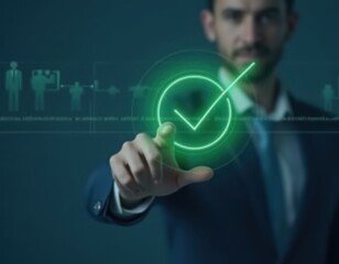 Businessman analyzing digital handshake icon with data and people graphics Concept of partnership customer relationship networking collaboration and business connection