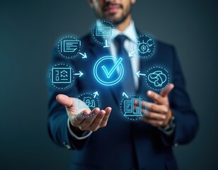 Businessman approving document via digital interface Concept of paperless workflow esignature document validation approval process decisionmaking and business automation system