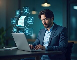 Businessman showing handshake icon with employee growth symbols and contract documents representing partnership recruitment collaboration HR strategy and human resource development in business