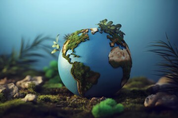 Eco friendly globe with green moss and plants growing on it