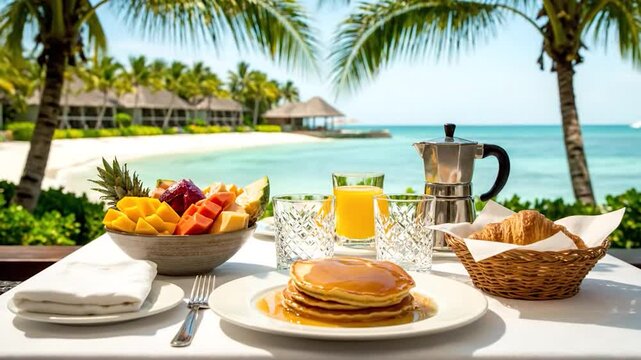 Tropical breakfast set on a white tablecloth with a beach and palm tree view