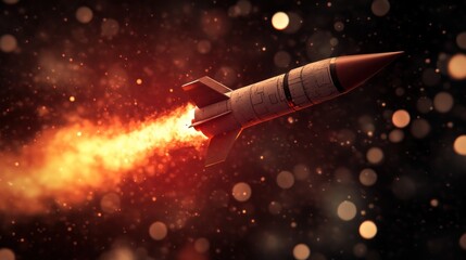 Fototapeta premium Rocket launching into space with fiery trail.