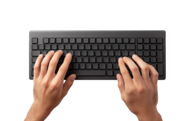 Focused hands typing on a modern keyboard, conveying productivity and efficiency in a professional workspace.