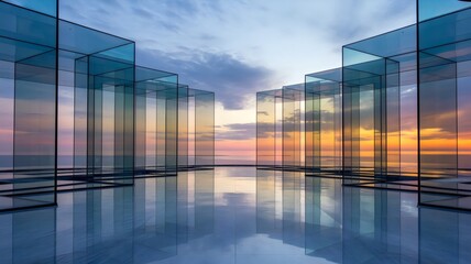 Modern glass structure at sunset with reflective surfaces and vibrant sky