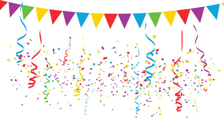 Colorful party decorations with confetti and streamers falling from a vibrant bunting banner on a white background celebrating a festive occasion