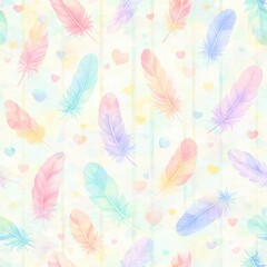 Colorful Watercolor Feather Pattern on Pastel Blue