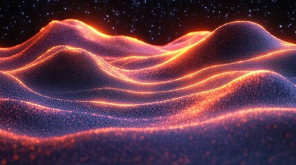 Abstract flowing landscape with glowing particles. Stellar backdrop, smooth gradients, and vibrant light