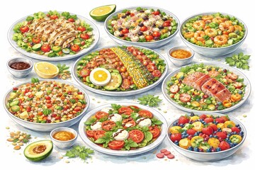 Fresh Healthy Salad Bowls Assortment on White Background