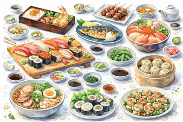 Asian Cuisine Feast with Sushi Dim Sum and Noodles