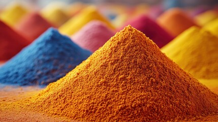 Colorful powder piles in various hues, creating a textured, vibrant, and abstract composition