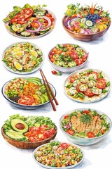 Fresh Healthy Salad Bowls Variety on White Background