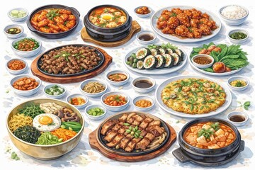 Korea Cuisine Assortment with Rice and Meat Dishes