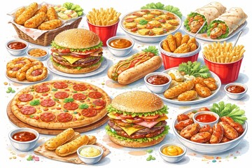 Fast Food Feast Assortment with Burgers Pizza and Fries