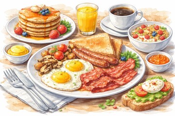 Classic Breakfast Plate with Eggs Bacon Pancakes and Toast