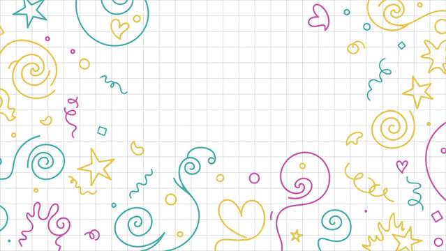 Colorful doodle style confetti streamers hearts and stars frame borders the clean white grid paper background perfect for party invitations or festive decoration banners