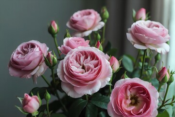 Beautiful pink roses in full bloom with green leaves and buds