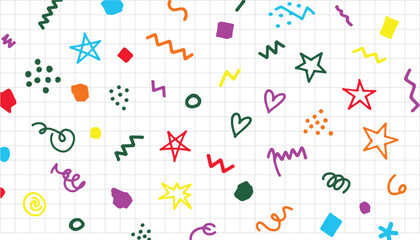 Obraz premium Colorful doodles and shapes on graph paper creating a playful and whimsical background for various creative projects and designs