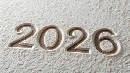 New Year 2026 text imprinted in white snow winter texture.