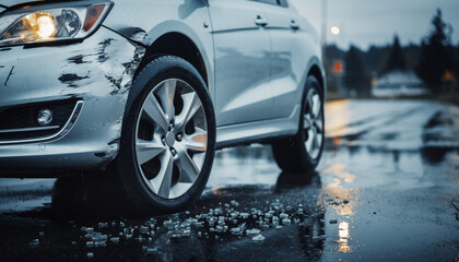 Fototapeta premium Car Accident Damage on Wet Road After Traffic Collision