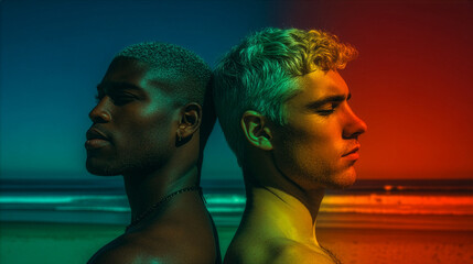 Young good looking young gay couple, Black African-American and Caucasian with their back to each other in front of a vast beach of the ocean, colorful and deep deeply saturated and dynamic