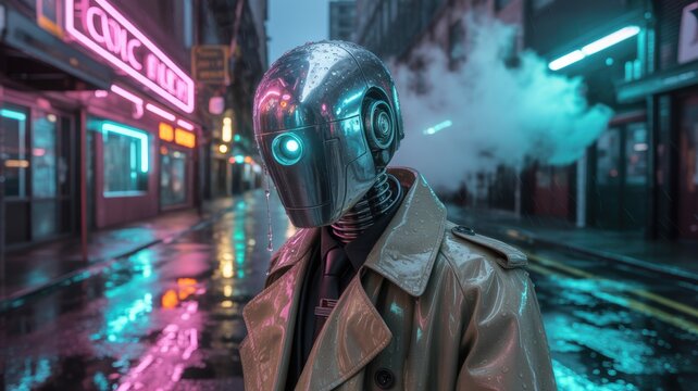 Futuristic robot in trench coat standing in neon cyberpunk city street at night with rain reflections and glowing sci fi lights