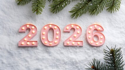 Pink marquee light bulbs forming year 2026 on fresh white snow.