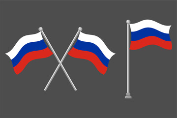 Detailed Vector Illustration Set of Russian National Flags. Two dynamic crossed flags and one waving flag on a pole, rendered in a modern flat design for various patriotic and international projects