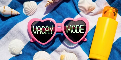 Summer beach vacation flatlay with pink heart sunglasses text vacay mode seashells sunscreen and blue striped towel